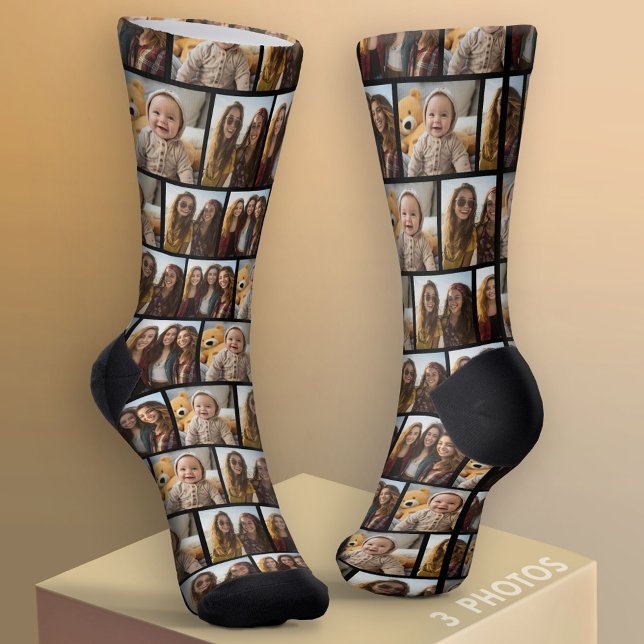 3 FotoCollage - Stagased Pattern - Schwarz Socken (Custom Socks - Add Your Photo Collage)