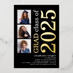3 Fotos Abschluss 2025 Schwarzes Gold Real Foil Folieneinladung