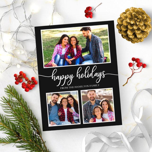 3 Fotos Collage Happy Holidays Chic Modern Black Postkarte (Von Creator hochgeladen)