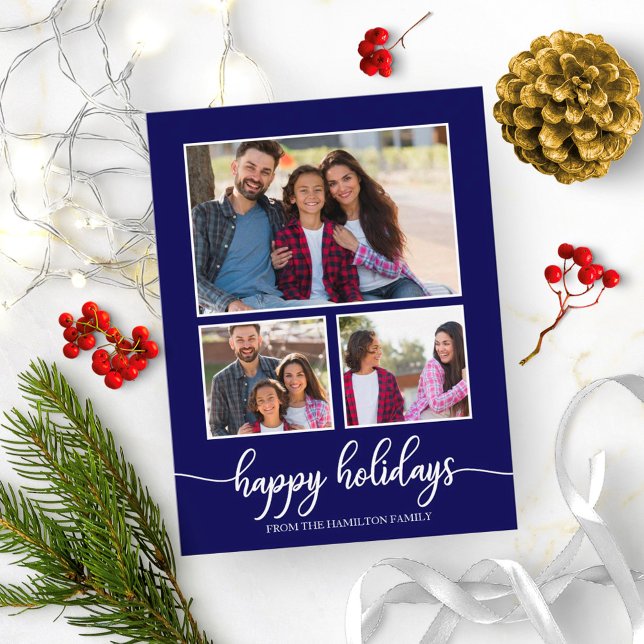 3 Fotos Collage Happy Holidays Modernes Navy Blue Postkarte (Von Creator hochgeladen)