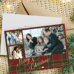 3 Fotos Frohe Weihnachts-elegante Drehbuch rot kar Feiertagskarte<br><div class="desc">Elegante stilvolle Frohe Weihnachten Imitate Gold klassische Kalligraphie Drehbuch drei Fotos rot karierte tartan rustikale Urlaubskarte mit Ihrem individuellen personalisierten Text auf beiden Seiten.</div>