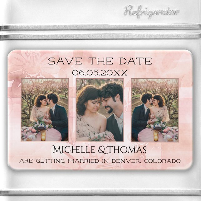 3 Fotos Geometrischer Blütenbelag Save the Date Magnet (Save the Date magnet featuring your photos on an abstract floral design in peach and blush pink.)