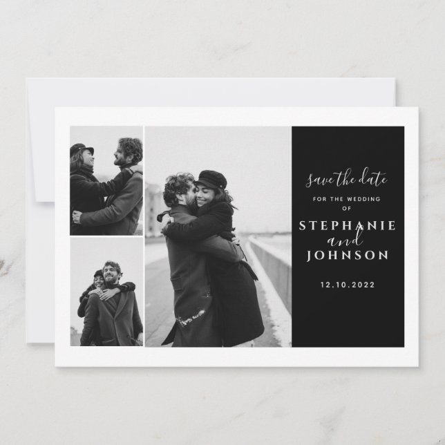 3 Fotos Moderne Typografie Schwarz-weiß Hochzeit Save The Date (Vorderseite)