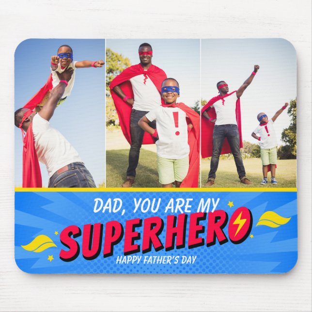 3 Fotos Niedliches Comic Superhero Fathontag Mousepad (Vorne)