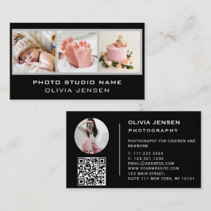 3 Fotos QR Code Baby Fotograf Black Visitenkarte