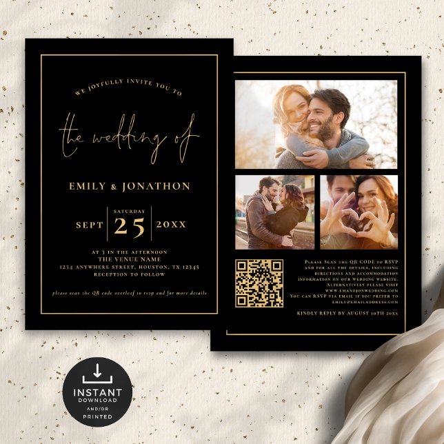 3 Fotos Script Line QR Code Black Gold Wedding Einladung (Front and back view)