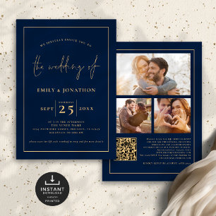 3 Fotos Script Line QR Code Navy Gold Wedding Einladung