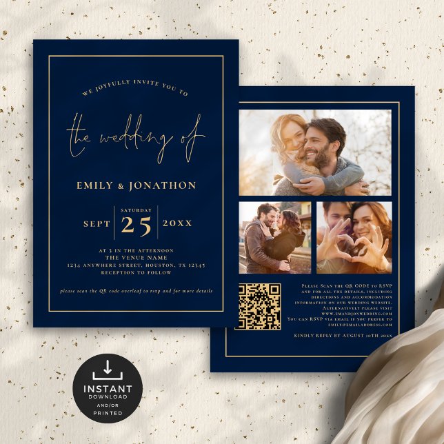 3 Fotos Script Line QR Code Navy Gold Wedding Einladung (Front and back)