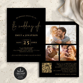 3 Fotos Script QR Code Black Gold Hochzeit Einladung