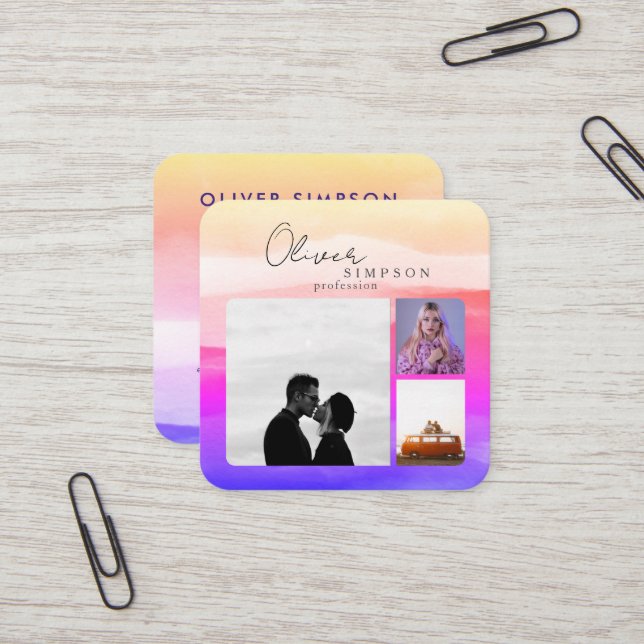 3 Fotos Script Watercolor Holography QR hinzufügen Quadratische Visitenkarte (Vorderseite/Rückseite Beispiel)