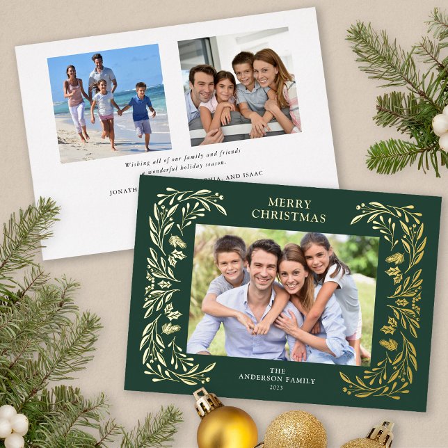3 Fotos Weihnachtsgrün Gold Folien Feiertagskarte (Gold Foil, 3 Photos Christmas card)