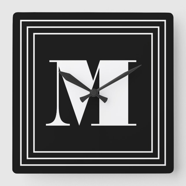 3 Frame Monogramm | Schwarz/Weiß Quadratische Wanduhr (Vorderseite)