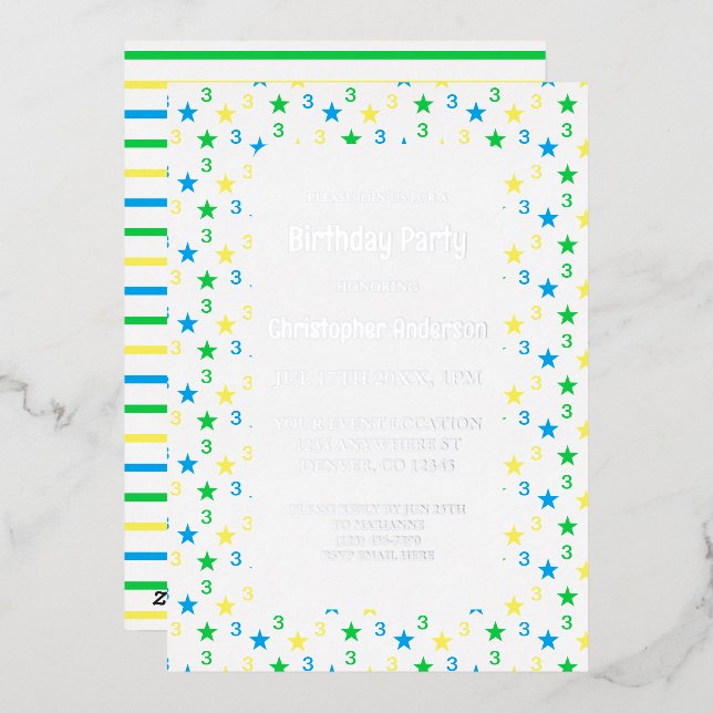3. Geburtstag der farbenfrohen Sternenjungen Folieneinladung (Vorderseite/Rückseite)