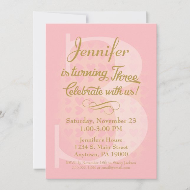 3. Geburtstag Einladung Girls Pink Goldene Herzen (Vorderseite)