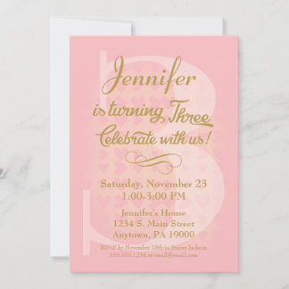 3. Geburtstag Einladung Girls Pink Goldene Herzen