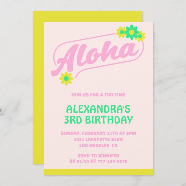 3. Geburtstag Einladungen Tropical Aloha Pink (Vorne/Hinten)
