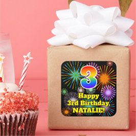 3. Geburtstag: Fun Fireworks Look, Rainbow # 3 Quadratischer Aufkleber