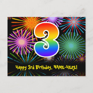 3. Geburtstag - Fun Fireworks Pattern + Regenbogen Postkarte