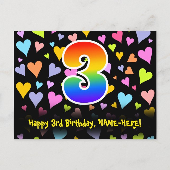 3. Geburtstag: Fun Hearts Muster, Regenbogen 3 Postkarte (Vorderseite)