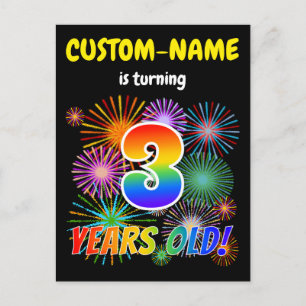 3. Geburtstag - Lustige Feuerwerk, Regenbogen-Look Postkarte