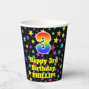 3. Geburtstag: Lustige Sternchenmuster und Regenbo Pappbecher