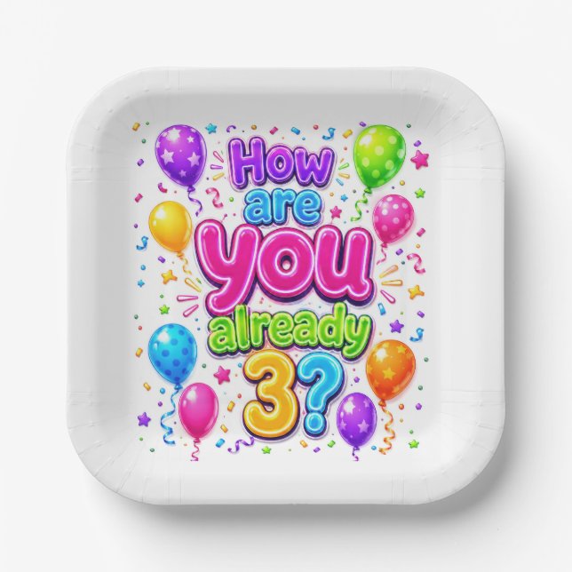 3. Geburtstag Neonballons und Konfetti Pappteller (Vorderseite)
