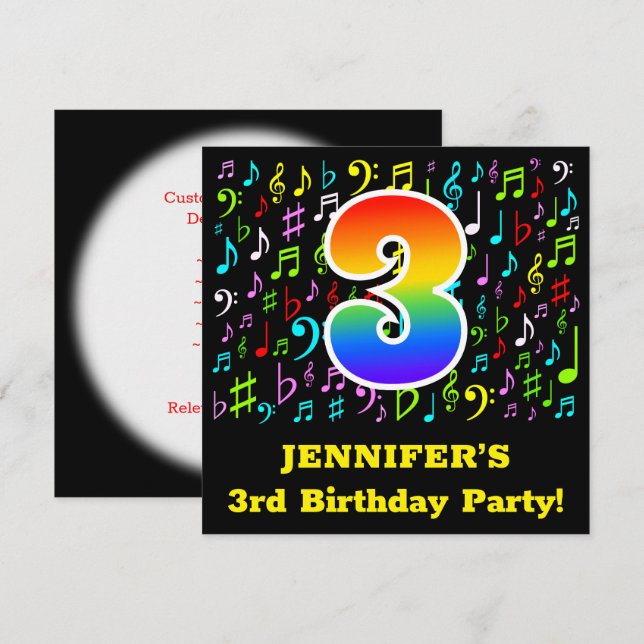 3. Geburtstag Party: Fun Music Symbols, Regenbogen Einladung (Vorne/Hinten)