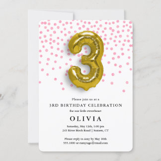 3. Geburtstag Pink Confetti und Gold Ballon Einladung