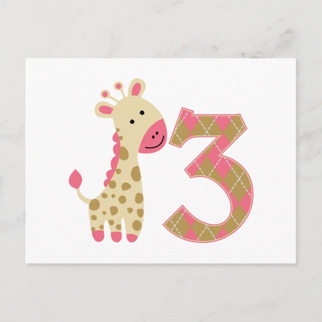 3. Geburtstag Pink Giraffe Postkarte (Vorderseite)