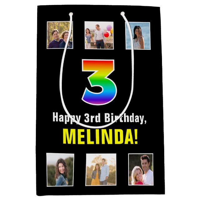 3. Geburtstag: Regenbogen "3", benutzerdefinierte  Mittlere Geschenktüte (Vorderseite)