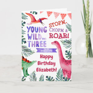 3. Geburtstag rosa Dinosaurier für Enkeltochter Karte