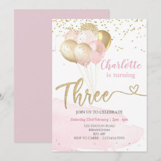 3. Geburtstag Rosa und Gold Ballons Einladung