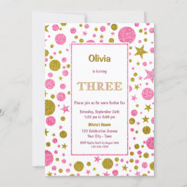 3. Geburtstag - Rosa und Gold Glitzer Einladung