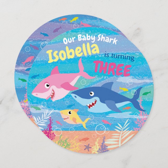 3. Geburtstag, unter dem Meer, 3 Haie, Party Einladung (Vorne/Hinten)