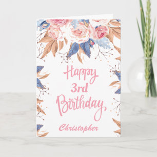 3. Geburtstag Wasserfarbe Botanisches Rosa Flora Karte