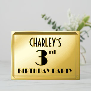 3. Geburtstags-Party — Art Deco Look "3" + Name Folieneinladung