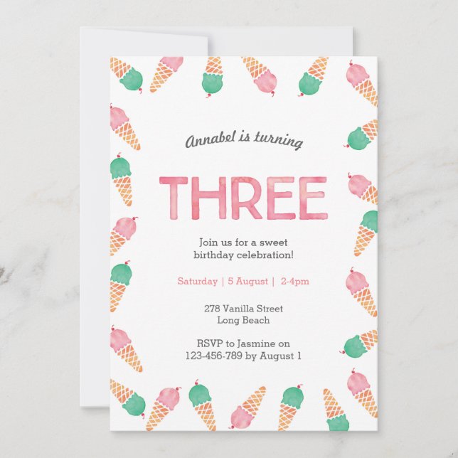 3. Geburtstags-Party | Einladung von Eiscreme (Vorderseite)
