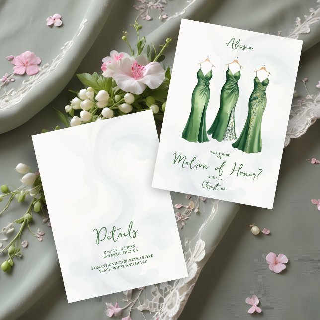 3 Glam Matron of Honor Dresses Watercolor Request (Glam 3 Chic Green Shades Matron of Honor and Bridesmaid Dresses Watercolor Request Card.)