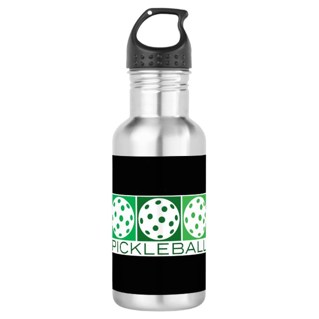 3 Grüne Pickleballs auf Weiß Edelstahlflasche (Vorderseite)