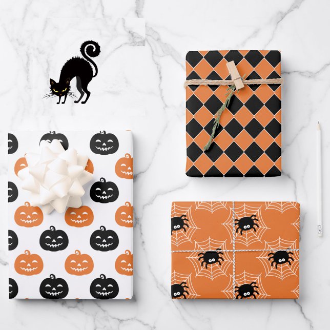 3 Halloween Koordinaten Orange Pumpkins & Spiders Geschenkpapier Set (Von Creator hochgeladen)