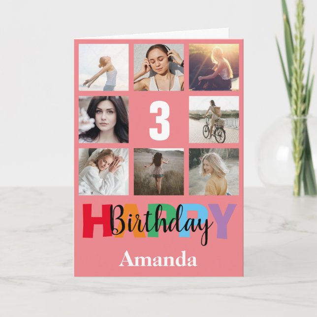 3. Happy Birthday Foto Collage Modern Pink Card Karte (Vorderseite)