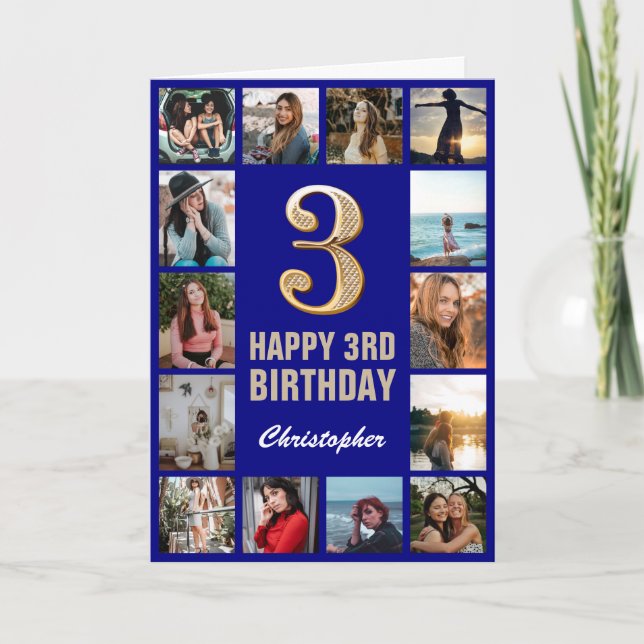 3. Happy Birthday Navy Blue & Gold Foto Collage Karte (Vorderseite)