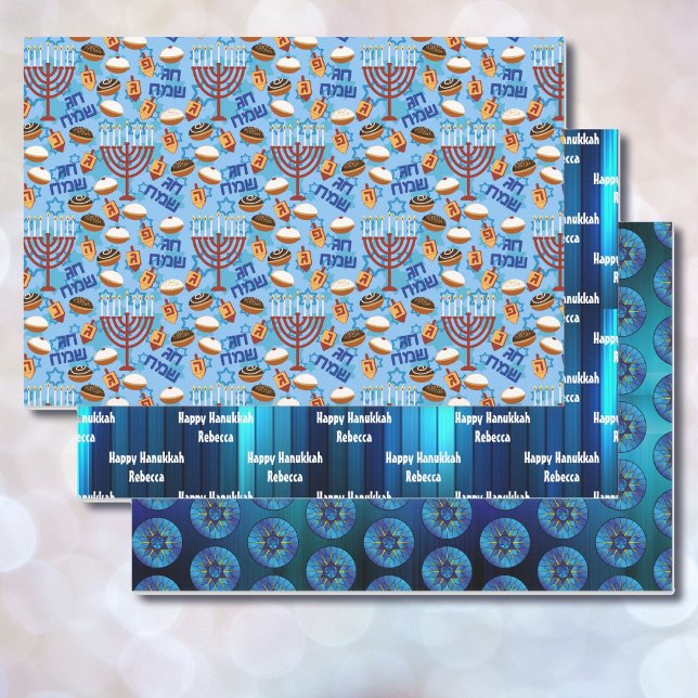 3 Happy Hanukkah Wrapping Paper Add Child's Name Geschenkpapier Set (Von Creator hochgeladen)
