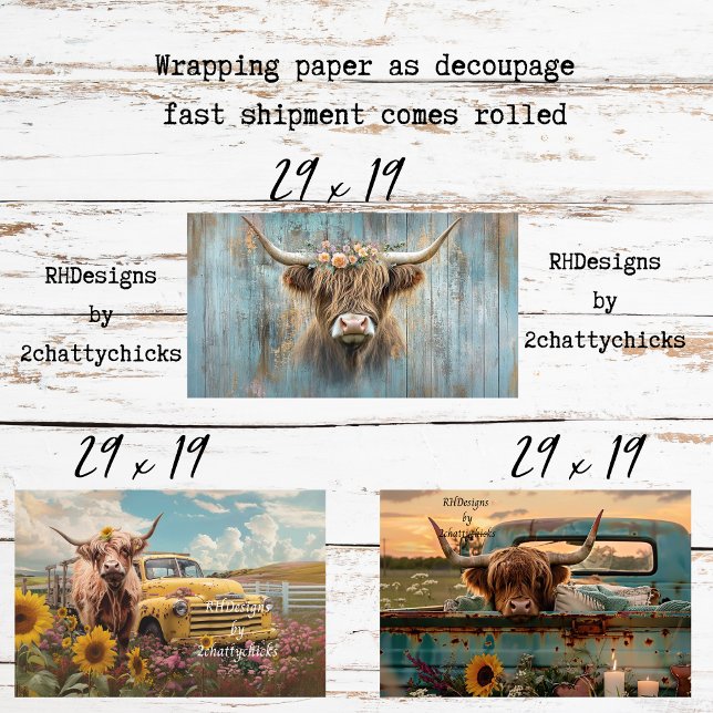 3 Highland Cow Charm Geschenkpapier für Decoupage Set (Von Creator hochgeladen)