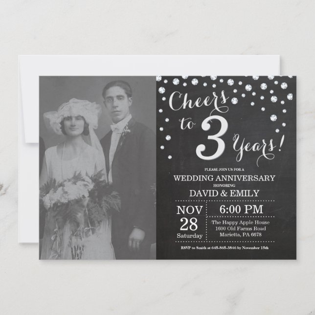 3. Hochzeitstag Schwarzes Silber Chalkboard Einladung (Vorderseite)