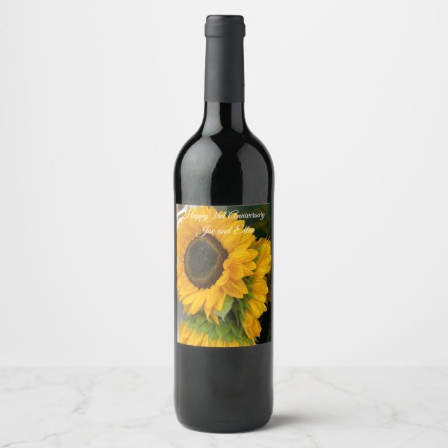 3. Hochzeitstag Sonnenblume Weinetikett (Vorderseite)