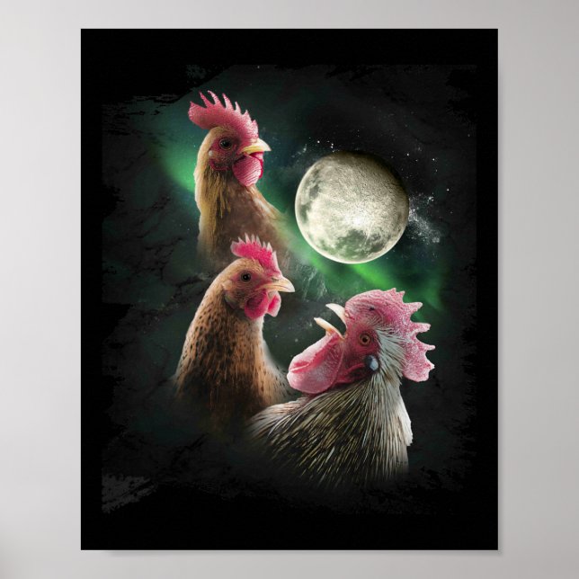 3 Hühner Mond Wolf Hühner heulende Wölfe  Poster (Vorne)