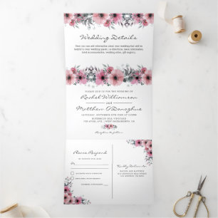 3 in 1 Elegante rosa Blumenhochzeit Dreifach Gefaltete Einladung