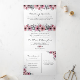 3 in 1 Elegante rosa Blumenhochzeit Dreifach Gefaltete Einladung