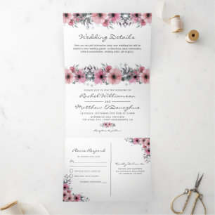 3 in 1 Elegante rosa Blumenhochzeit Dreifach Gefaltete Einladung
